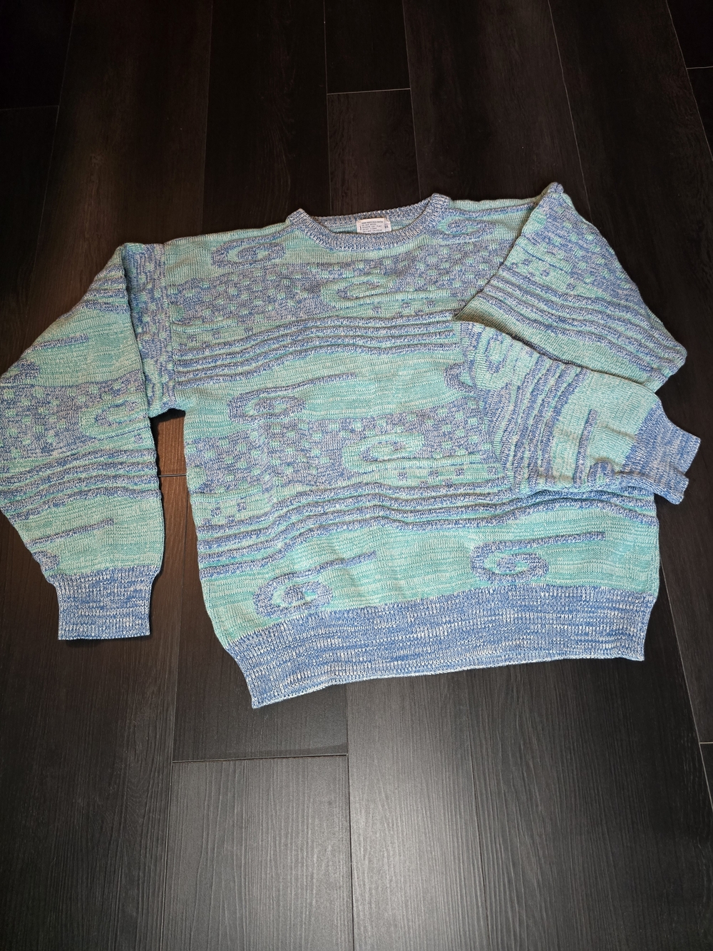 Neiman-Marcus Vintage 90s Teal & Blue Patterned Cotton Knit Sweater Large